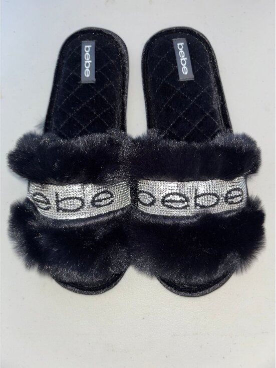 Bebe Shoes - bebe Black Faux Fur Slide Sandals with Rhinestone Logo Band